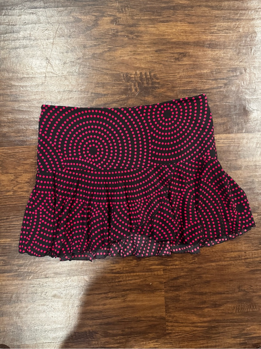6 degrees Black Mini Skirt with red Circular Dot Print and Ruffle Hem